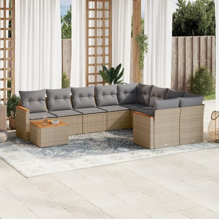 vidaXL - 10-delige - Loungeset - met - kussens - poly - rattan - gemengd - beige