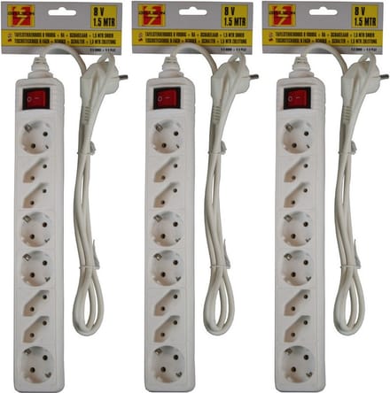 Benson stekkerdoos - 3x - 8-voudig - wit - 1,5 meter - 4 platte en 4 ronde stekkers - met schakelaar