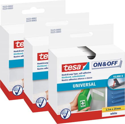 Tesa - Zelfklevende Klittenbandstrip - 2,5m x 20mm - Wit - 3 stuks