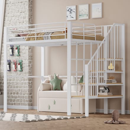 Wishdor Hoogslaper 140x200 cm - Met Trap & Opbergruimte - Creëert Ruimte onder Bed - Strak & Functioneel - Metaal & Hout - Wit