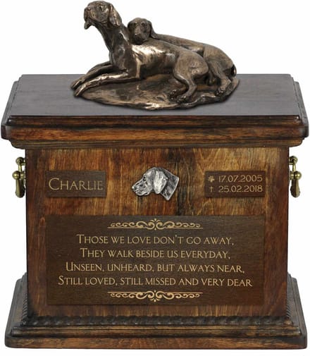 Weimaraner urn met beeldje - gepersonaliseerde urn voor hondenas