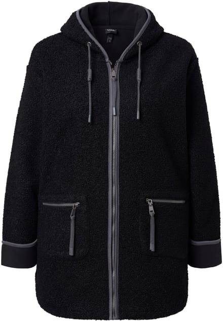 Ulla Popken - Dames - Teddy jas capuchon ritszakken fleece voering - Zwart - Maat 50+