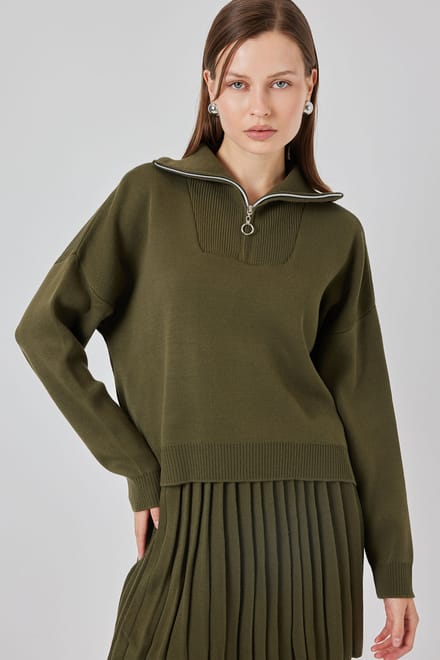 Ritkraag Lange Mouw Gebreide Top & Geplooide Gebreide Rok Twee-Paar Set