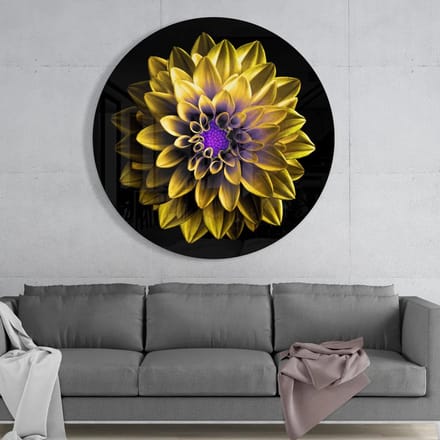 Rond Glasschilderij - Bloemen - Gele Bloem - 60 cm