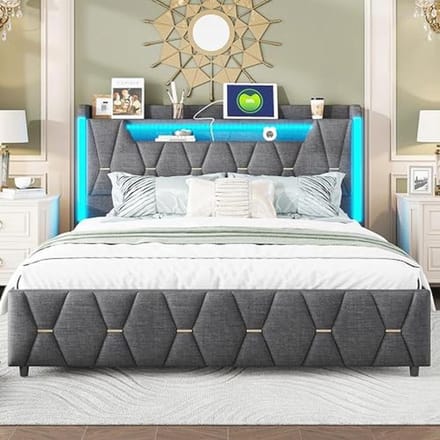 Upholstered Double Bed 160x200cm with LED Lights, Storage Headboard and Charging Station