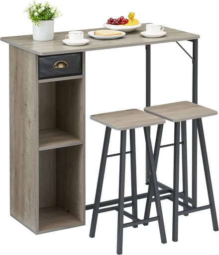 Jently eettafel - eettafel met stoelen - met barkrukken - met 3 daagse plank - met opbergruimte - grijs