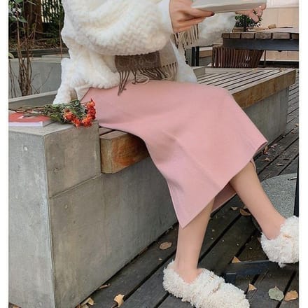 Kasjmier Roze Gebreide Rok met Hoge Taille Split Winter Trui Midi-lengte One-step Rok met Heuprok Zachte Stijl One size gray