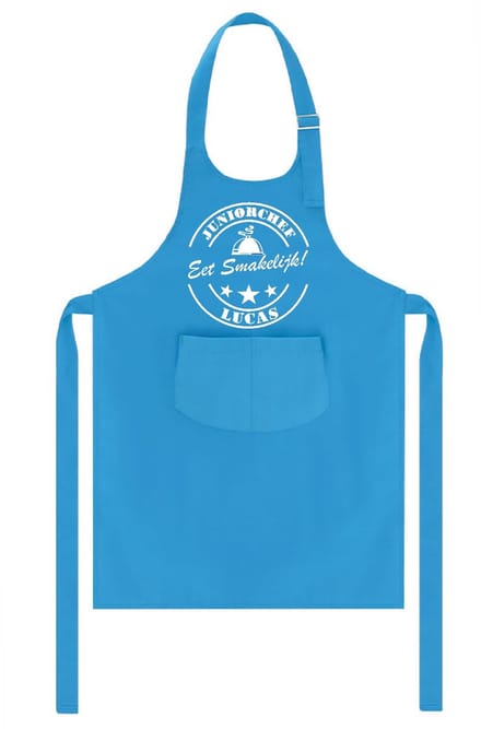 Mijncadeautje - Kinderschort met naam - blauw - Juniorchef Eet Smakelijk - met eigen naam naar keuze