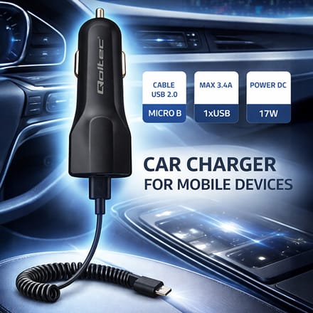 Qoltec autolader 12-24V |   17W |   5V |   3.4A |   USB + Micro USB-kabel