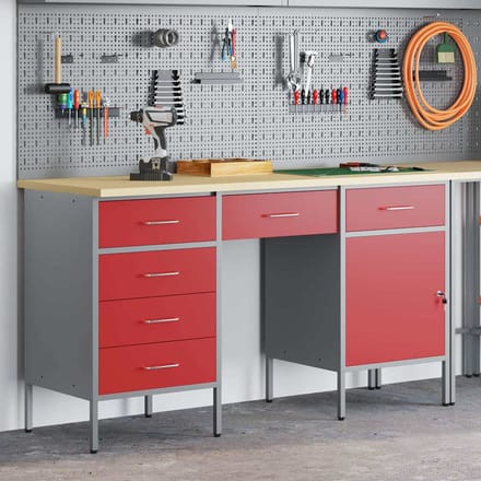 vidaXL - Werk - Cabinet - met - lade - 3 - st - Rood - Engineered - hout - en - staal