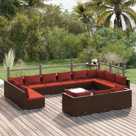 vidaXL - 14-delige - Loungeset - met - kussens - poly - rattan - bruin