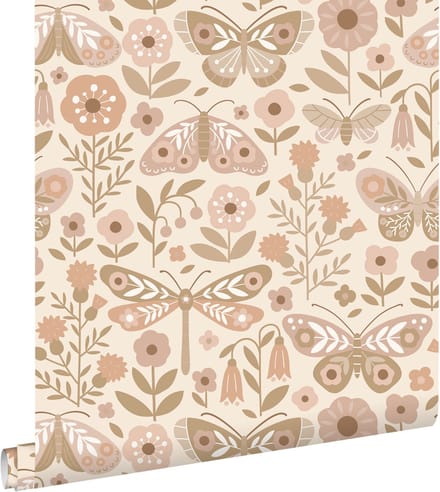 ESTAhome behang bloemen & vlinders beige en roze - 50 x 900 cm - 131883