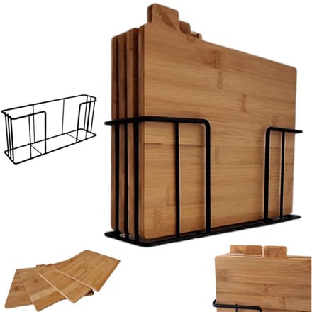 Set de 4 planches à découper en bambou + Support en acier