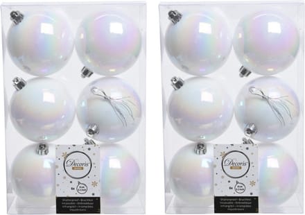 Decoris Kerstballen - 12x st - wit parelmoer - D8 cm - kunststof - mat/glans - kerstversiering