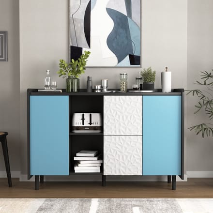 Dressoir - 140x40x80 cm - Buffetkast met Blauwe Deuren - 2 Laden en Open Vakken - Modern - Zwart