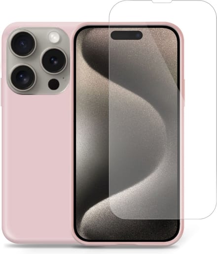 Hoesje geschikt voor iPhone 15 Plus + Screenprotector – Tempered Glass - Liquid Back Case Cover Rose