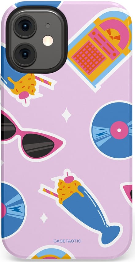 Casetastic hoesje geschikt voor Apple iPhone 12 Mini - Dubbellaagse bescherming - Jukebox vibes - Fashion Case - Lichtroze Lavendel Wit Lichtblauw