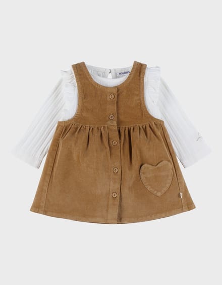 Noukie's Meisjes Set Kleedje bruin + T-shirt rib wit - Maat 86