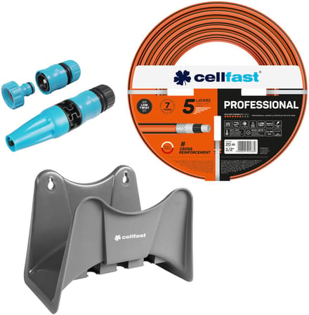 Cellfast-tuinslang, PROFESSIONAL 1/2" 20 m + Cellfast-slanghouder (grijs) + set met Cellfast Basic-sproeier (1/2")