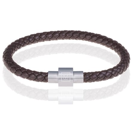 Memphis armband leer met edelstaal Donkerbruin Zilver-23cm