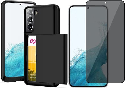 Hoesje met Pasjeshouder geschikt voor Samsung Galaxy S22 Plus - Privacy Screen Protector FullGuard - Back Cover SlideCase Zwart & Screenprotector