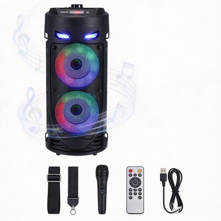 Draagbare Bluetooth Speaker - 16W Stereo, RGB LED Verlichting, Karaoke Microfoon, Zwart | Voor Buiten & Feesten
