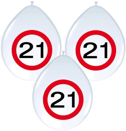 8x stuks Ballonnen 21 jaar verkeersbord versiering