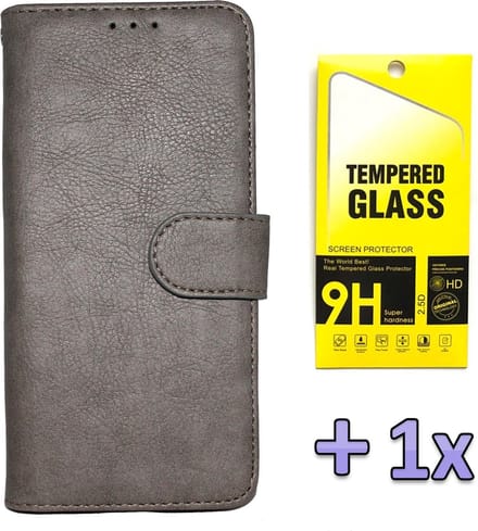 HB Hoesje Geschikt voor Apple iPhone 12 Pro Max Grijs - Luxe Kunstlederen Portemonnee Book Case & Glazen Screenprotector