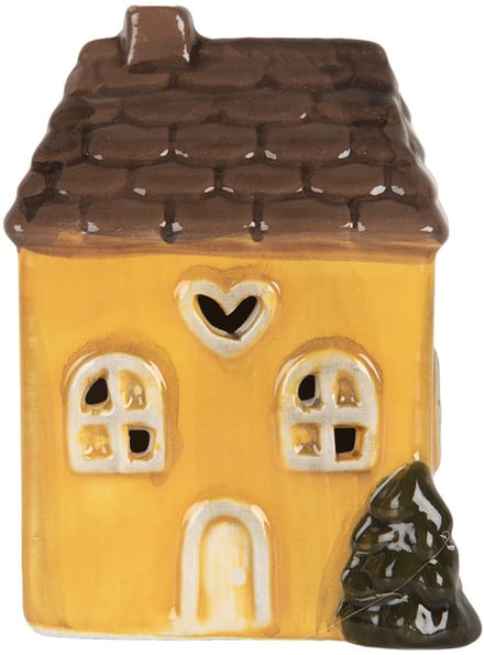 Clayre & Eef Decoratie Huis met LED LED 7x6x10 cm Geel Keramiek