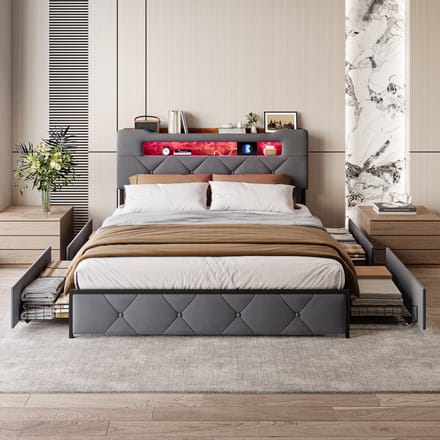 Bedframe 160x200 – met Lades & Opbergruimte – LED & USB-C – Fluweel Grijs