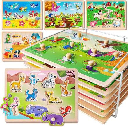 Houten Puzzels voor Peuters 1-3 Jaar: 6 Stuks Dierenpuzzel Set