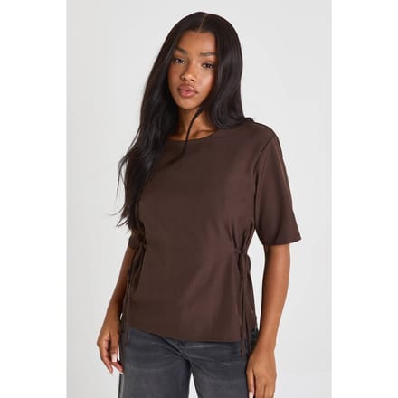 boohoo Dames Geweven Marl Top met strikdetail en gesnoerde taille | Chocoladebruin | Maat: 38