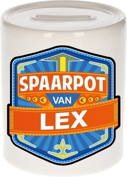 Bellatio Decorations Kinder spaarpot met naam - Lex - keramiek - met dop - wit - Sparen - Spaargeld van Lex