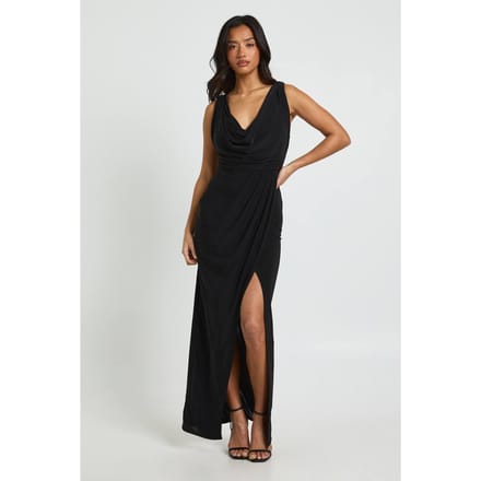 boohoo Dames Petite Slinky Geplooide Wikkel Maxi Jurk | Black | Maat: 4