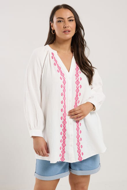 Yours Overhemd Van Kaasdoek Met Geborduurde Rand In Wit/Roze Size 46