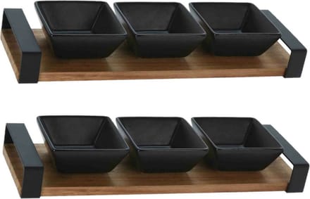 Excellent Houseware Serveerplank met 3 hapjes/saus/tapas schaaltjes - 2x - hout - 32 x 10 cm