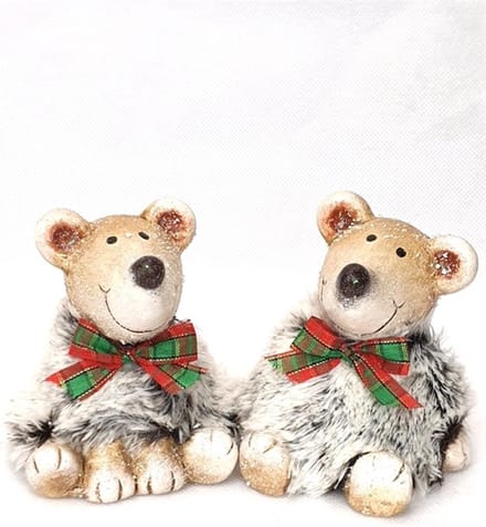 Mansion atmosphere - Set van zittende beertjes met strik - Kerstdecoratie - 6x5x6,5 cm