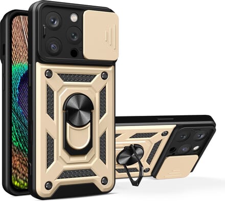 MobyDefend Hoesje - Geschikt voor iPhone 16 Pro - Pantsercase Met Draaibare Ring - Goud
