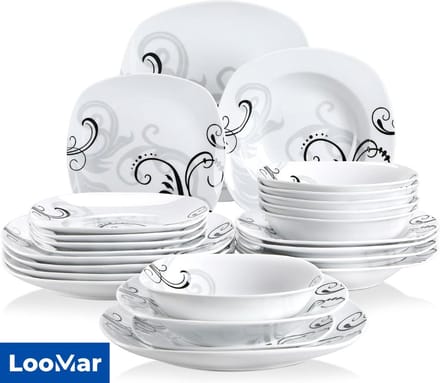 LooMar Luxe Bordenset - Kommen set - Borden - Dinerborden - set van 24 - 6 persoons - Serviesset - Wit met Print