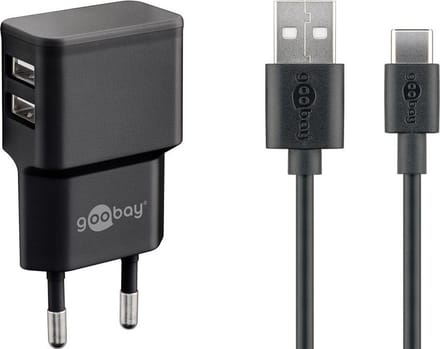 Goobay 12 W USB-C dubbele laadset, Voeding met 2x USB-aansluiting en USB Type-C 1 m kabel (zwart)