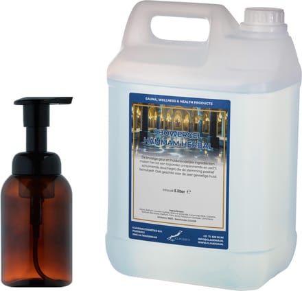 Zeepdispenser 300 ml amber bruin hervulbaar + 5 liter Showergel Hammam Herbal navulling