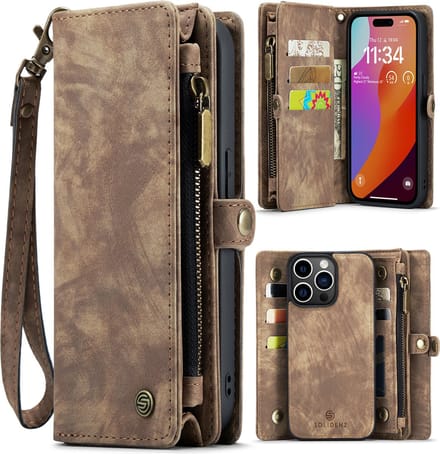 Solidenz hoesje geschikt voor iPhone 15 Pro Max – wallet met pasjeshouder en ritsvak – bruin