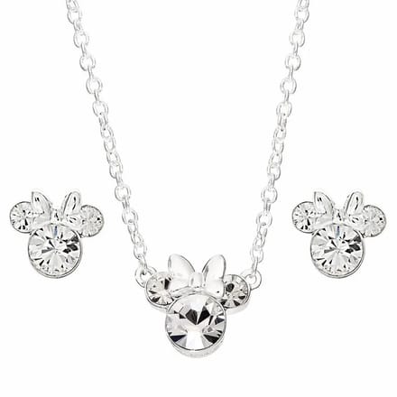 Disney - Minnie Mouse Silver Plated brass and clear crystal Necklace and Stud Earring Set