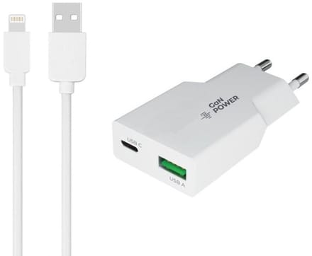 OneOne 30W Lader met USB A en C poort + 0,5m OneOne USB A naar Lightning kabel. USB C voor snelladen. PD PPS lader. GAN oplader adapter past op Apple iPhone 5, iPhone 5c, iPhone 5s, iPhone 6, 6 Plus, 6s, iPhone 7, 7 Plus, iPhone 8, 8 Plus