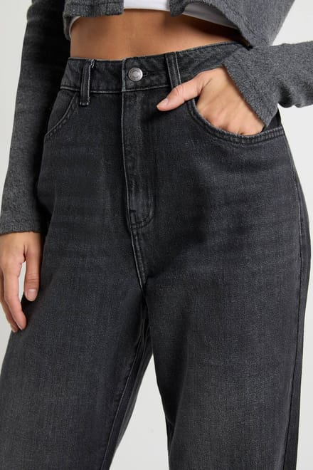 Dames Lang Boohoo Basics mom jeans met hoge taille | Washed Black | Maat: 14/36L
