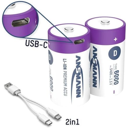 Ansmann LR20 USB-C Oplaadbare D batterij (mono) Li-ion 6000 mAh 1.5 V 2 stuk(s)