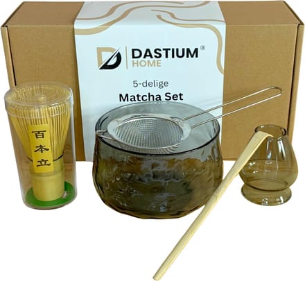 Dastium Home Matcha Set - 5 delige Matcha Starterset - Matcha Klopper - Matcha Kom - Matcha Zeef - Matcha Thee Set - Transparant Donker