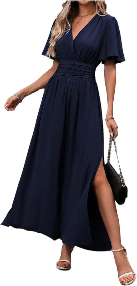 Elegante zomerjurk Dames V-hals Plissé Hoge Taille Lange Jurk met Split