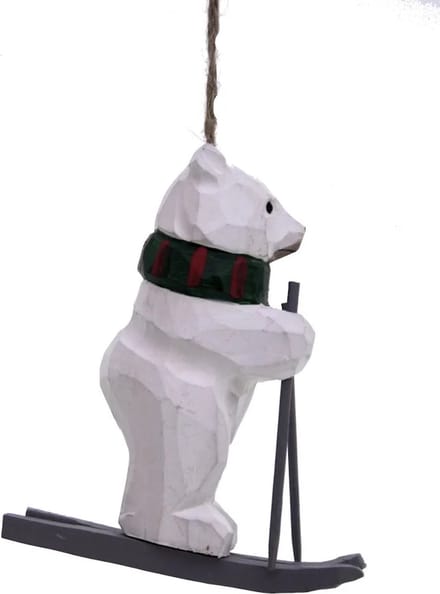 Ornament Beer wit op ski's, hout 9x4x10,5cm