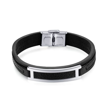 Twice As Nice Armband in edelstaal, zwart leder, centraal motief 21cm